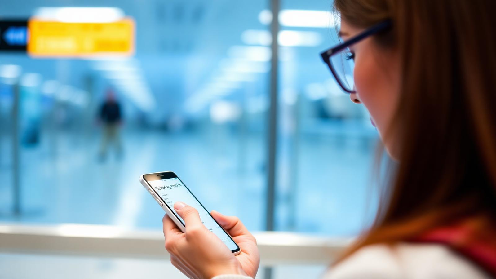 Traveler reading on a smartphone